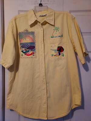 Womens Yellow Cotton Beachcore Button Embroidery Bling Paint Art Camp Shirt Med