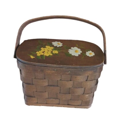 Vtg Wooden Basketville Purse Putney Vermont Flowers Mirror Quilted Lining Wood
