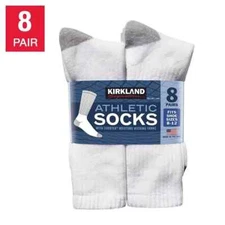 Kirkland Men’s Cushioned Athletic Socks 8 Pairs White Arch Support Size 8–12