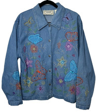 VTG 90s Tantrums Denim Jacket M Blue Embroidered Floral Fairy Butterfly Kitsch