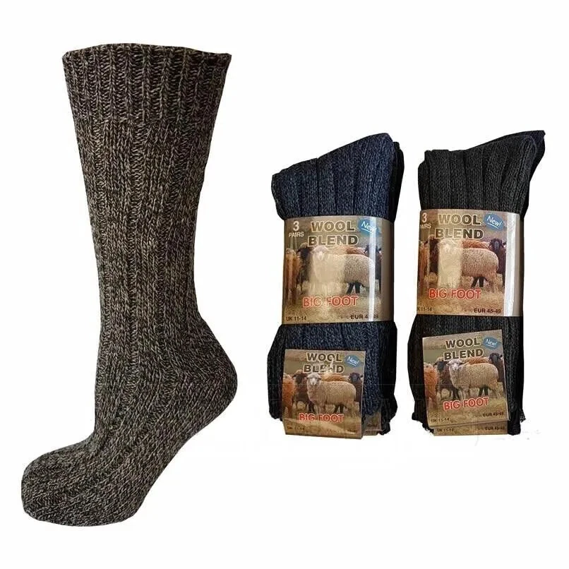 6/12 Pairs Mens Big Foot Wool Blend Boot Socks, Assorted Marl Colour Size 11-14