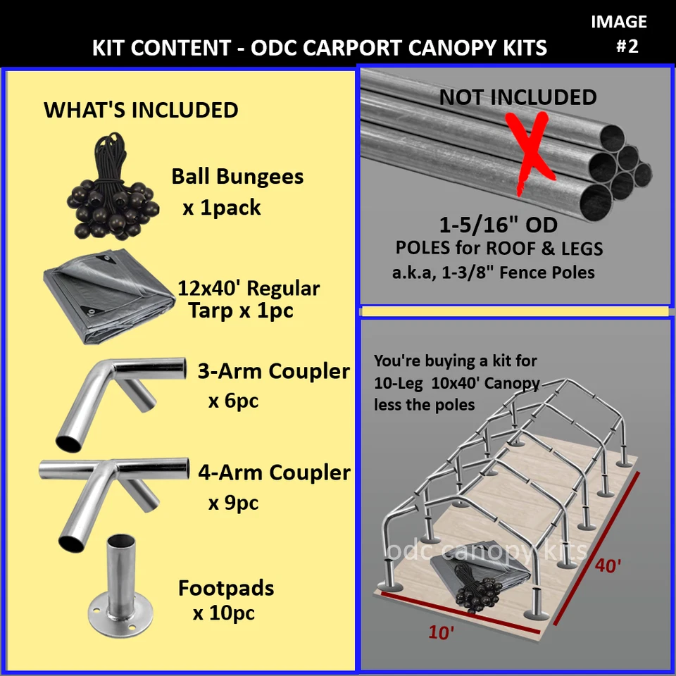 Комплект навесов для автомобиля 10x40 футов |1-3/8 дюйма идентификационные фитинги + брезент + банджи | без опор для крыши / ножек - Изображение 2 из 4