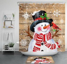 Snowman Cardinal Snowflake Shower Curtain Rustic Farmhouse Planks Bathroom Set