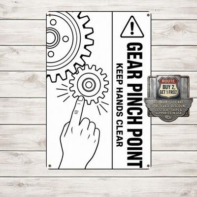 Gear Pinch Point Line Art Industrial Safety Warning Poster Metal Tin Sign 8x12