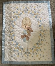 Precious Moments Boy Teddy Bear Stars Quilted Crib Blanket Satin Trim 1980s Blue