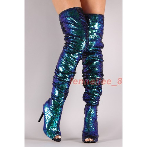 Sequins Peep Toe Womens High Stiletto Heel Over The Knee Boots Sexy Nightclub Sz - Picture 13 of 27