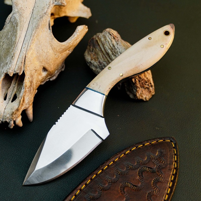 7.9" D2 EDC Hunting Fixed Blade Knife Full Tang Camel Bone Handle Leather Sheath
