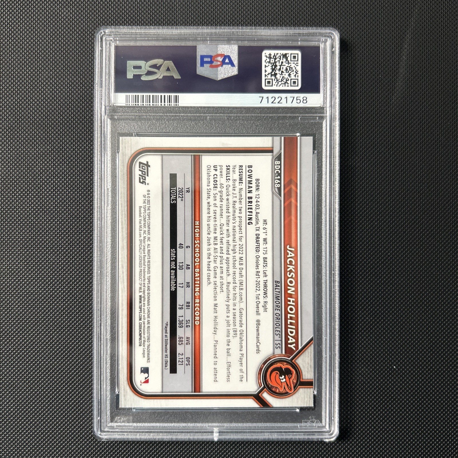2022 Bowman Draft - Chrome Jackson Holliday #BDC-168 (RC) PSA 10 view 2