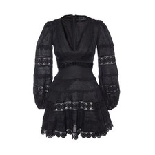 Zimmermann x Barneys NY Castile Plunge Black Linen Lace Mini Dress Size 1 NEW