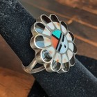 Vintage Unique Native American Zuni Multi-Stone Inlay Sunface Silver Ring Signed — photo 2