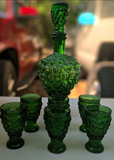 Italian Green Glass Decanter Set w/ Stopper  5 Goblets Decorative