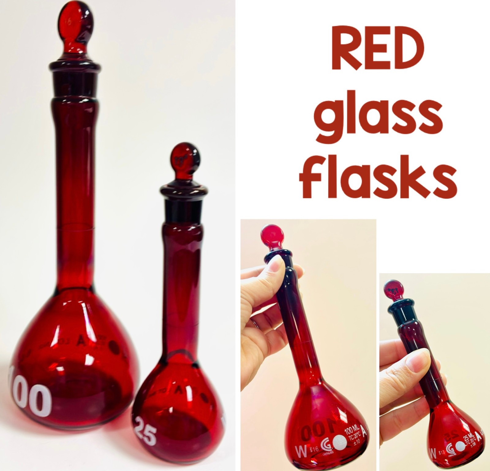 Set of TWO: Red glass flasks with glass stopper (25 mL and 1