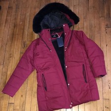 Women Quilted Parka Coat Burgundy Faux Fur Trim Hood Insulated Winter Jacket L