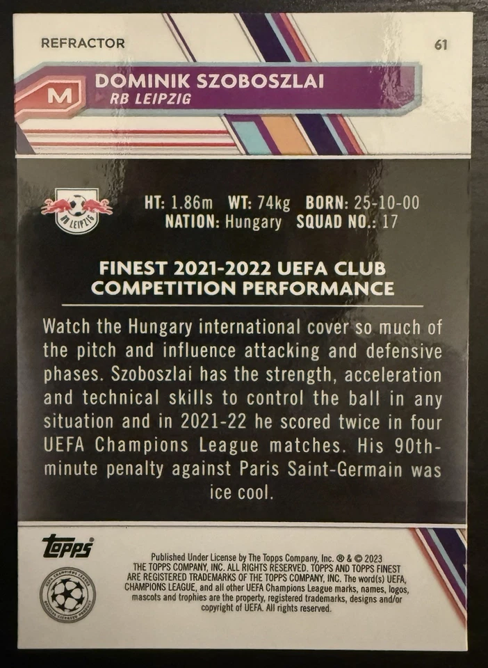 Dominik Szoboszlai 2022-23 Topps Finest UEFA Champions League Refractor #61 - Image 2 of 2