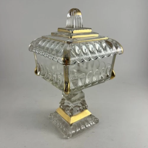 Vintage Jeanette Glass Covered Pedestal Wedding Box/Candy Dish/Compote Gold Trim