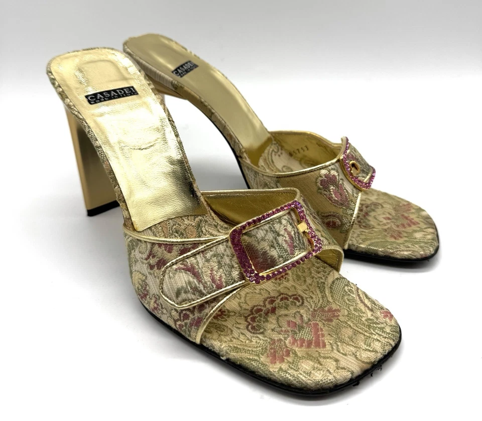 Vtg Casadei Heels 8 Brocade Pink Gold Crystal Buckle Mule Y2K Italy Holiday Glam - Image 3 of 4