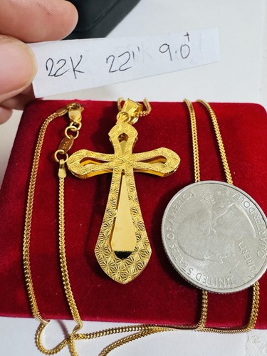 New Pure 22K 916 Real Yellow Dubai Gold 22” Long Cross Set Necklace 1.6mm 9g - Picture 7 of 24