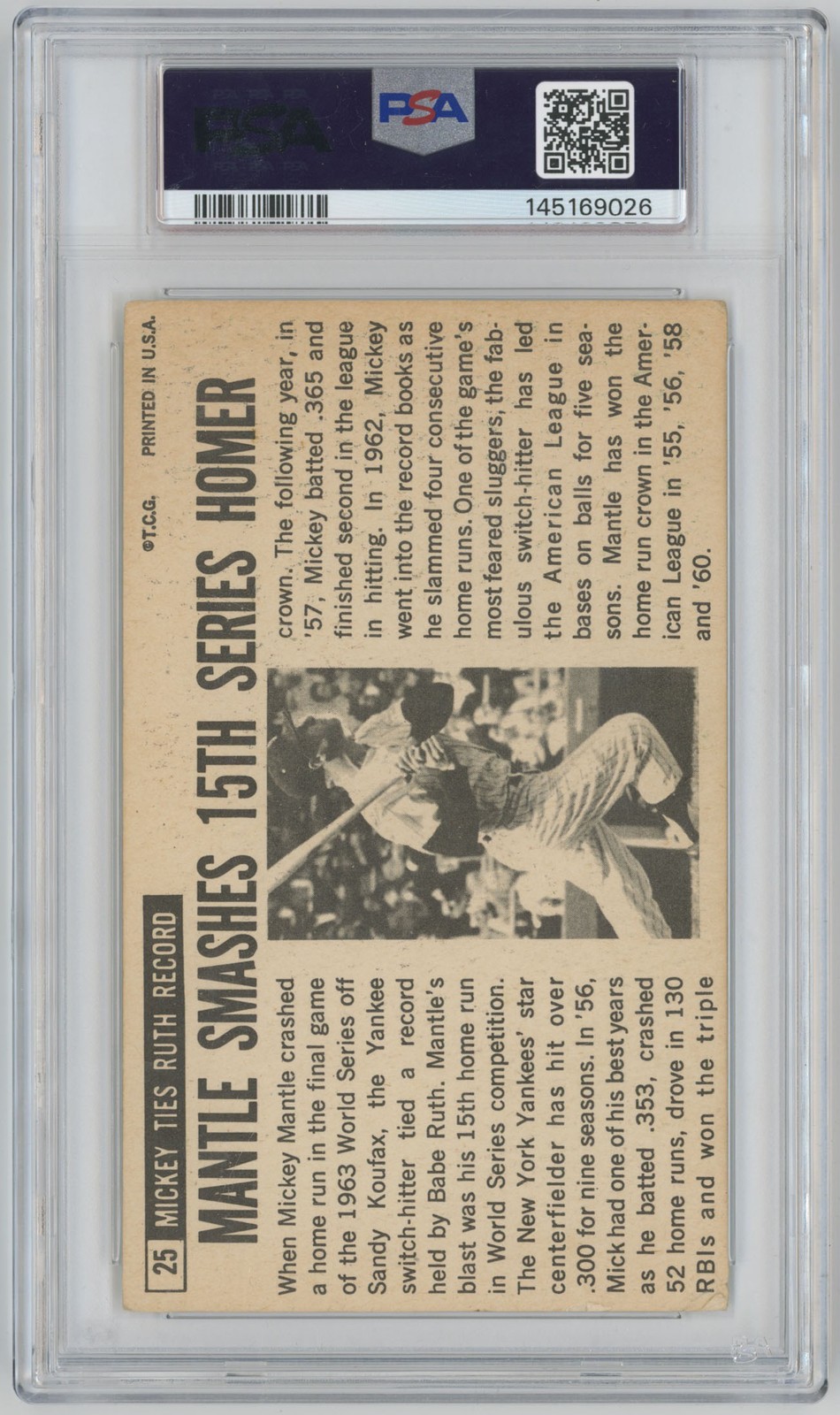 1964 Topps Giants 25 Mickey Mantle PSA 3 732617 view 2