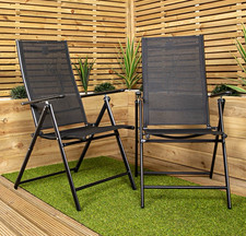 Black Reclining Foldable Outdoor Chair w/ Armrests Metal Frame Textilene
