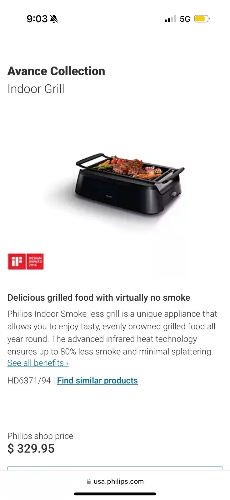 Philips HD6371 Smokeless Electric Indoor Grill Infrared Heat