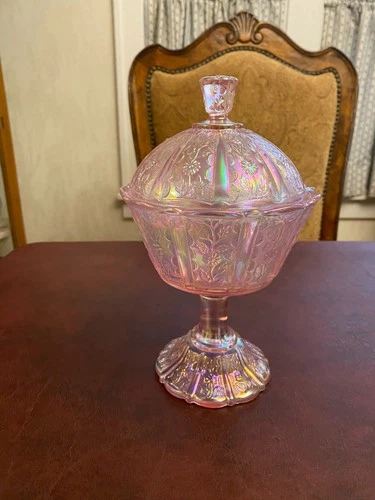 Fenton Pink Iridescent Carnival Glass Paneled Daisy Pedestal Candy Dish Compote