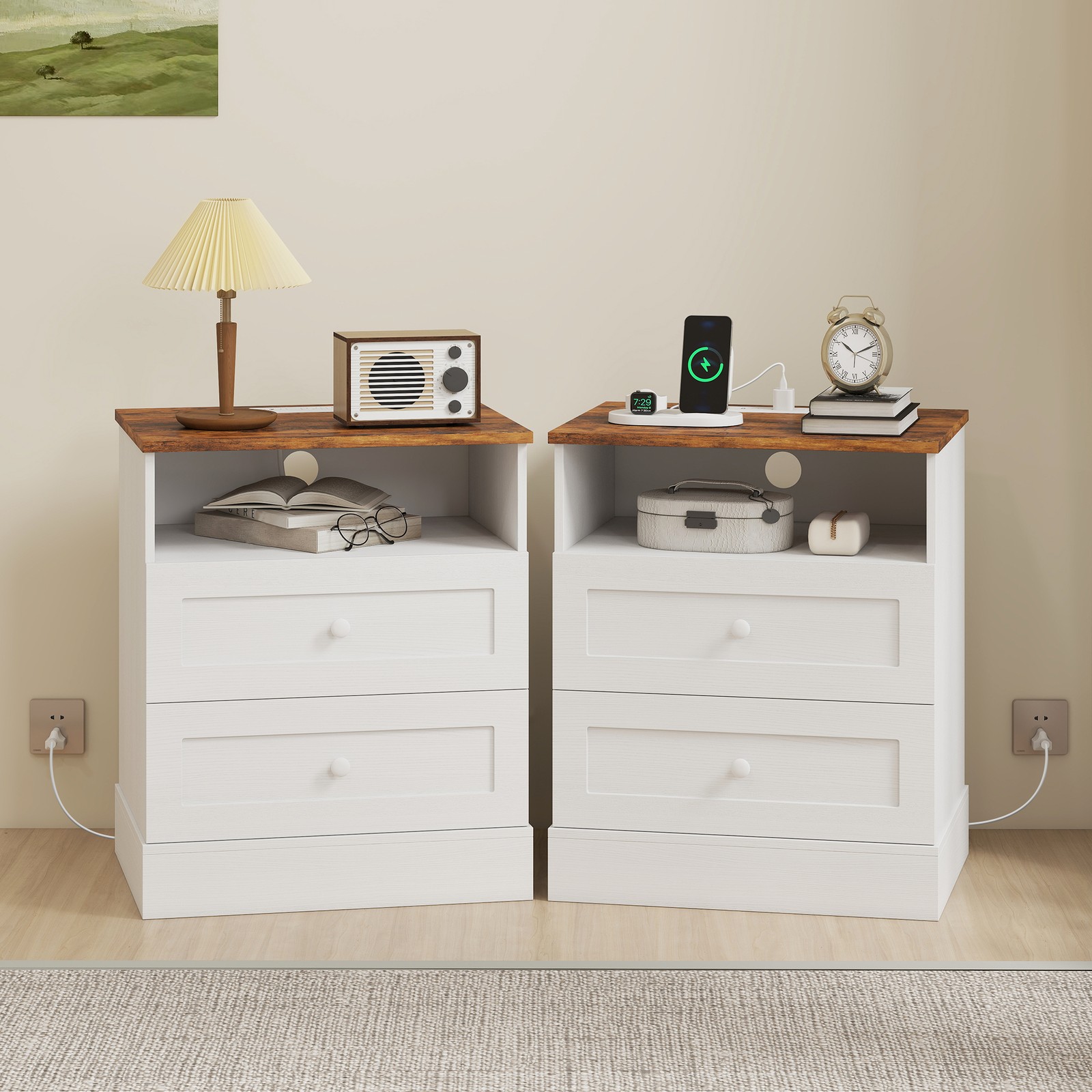 HOMCOM Nightstand with Charging Station Set of 2, White and Oak