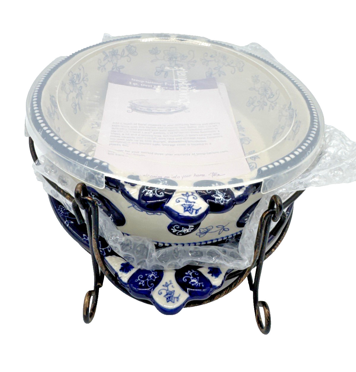 Temp-Tations Floral Lace Blue Oval Baker w/ Lid & Wire Rack 3Qt Set NEW