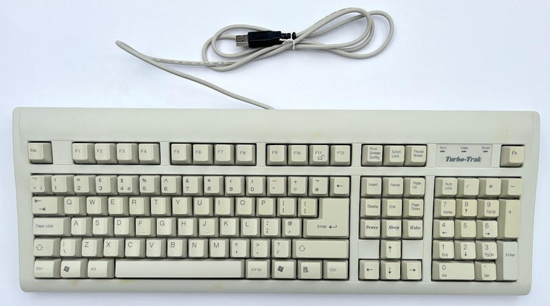 New Old Stock Vintage USB Turbo-Trak Keyboard - UK Layout - Beige - Wrist Rest