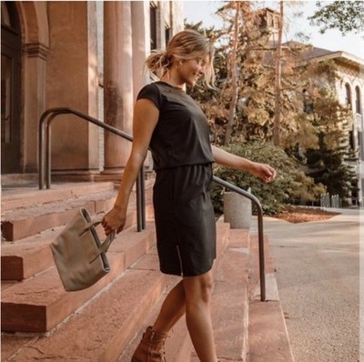 Albion Fit Going Places Black Dress Travel Zipper Side Cap Sleeve Large Tall NWT
