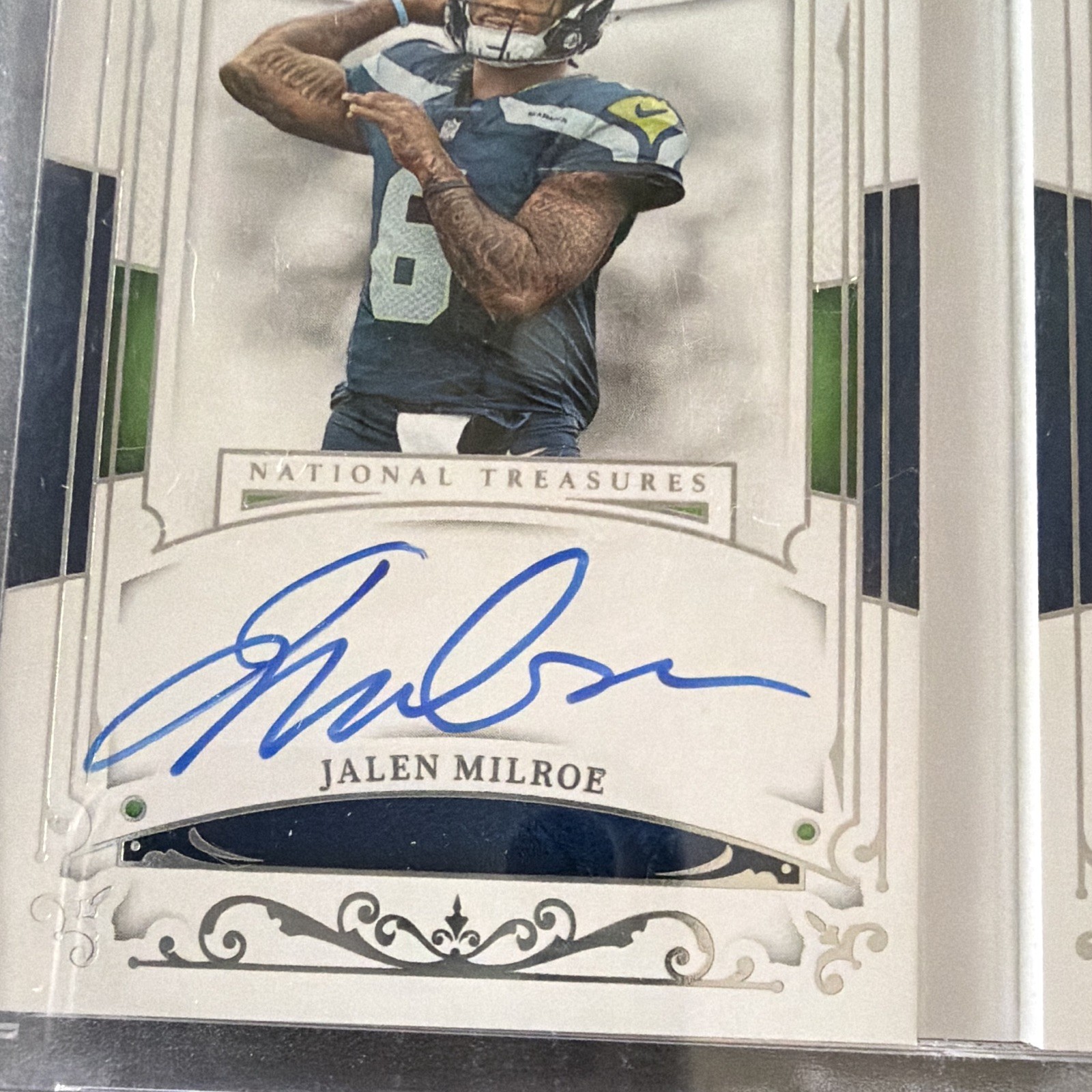 Panini 2025 National Treasures Jalen Milroe Seahawks RC Auto Patch RFES-JME /99 view 2