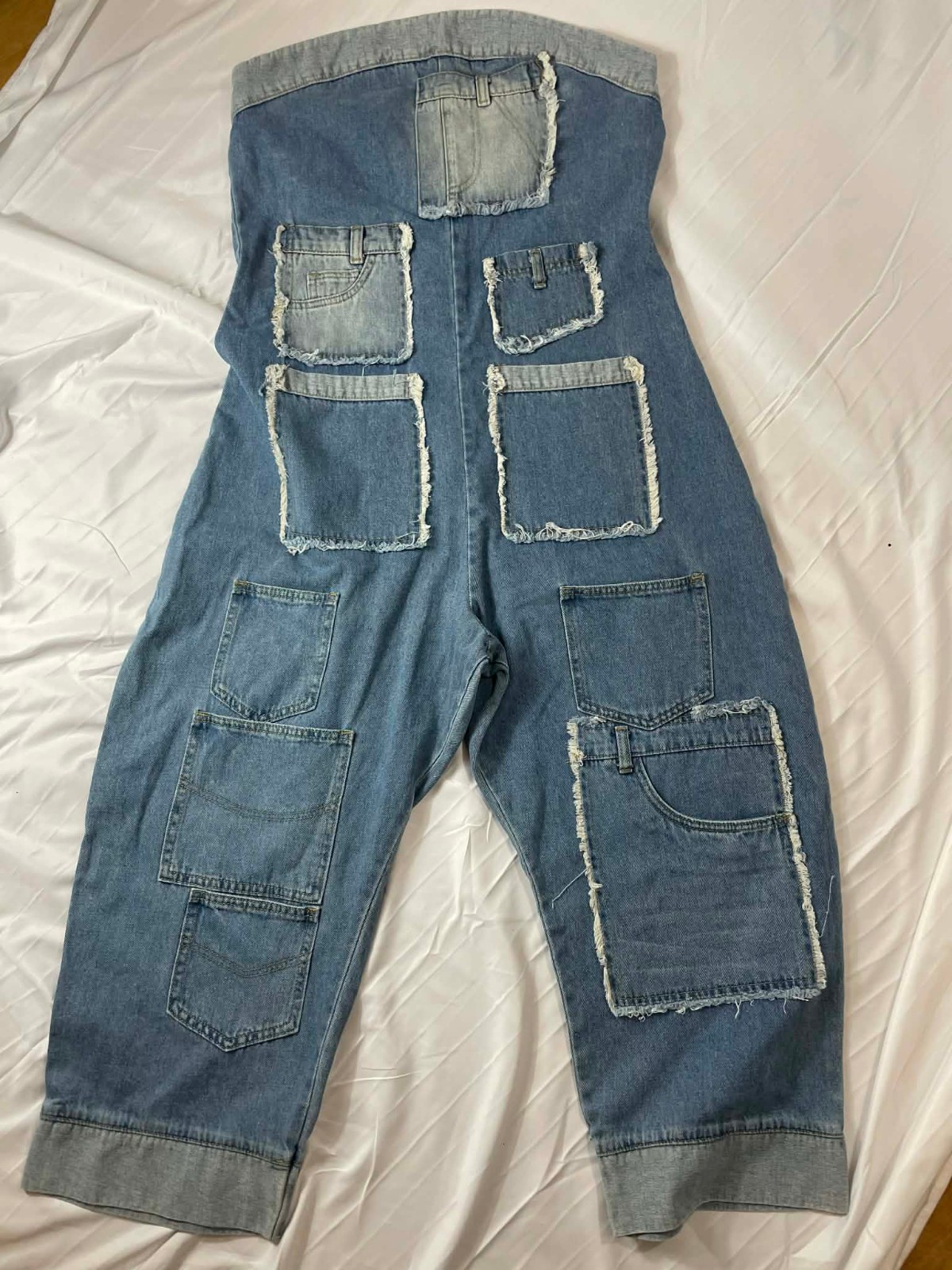 Denim Patchwork Jumpsuit - Strapless Designer-Sty… - image 2