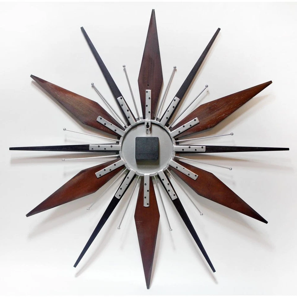 Wall Clock Walnut-Look Wood Frame Starburst Open-Face Design Black Metal Hands - Image 2 of 4