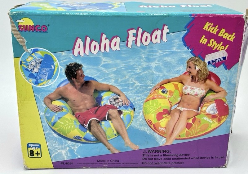 Vintage 2004 Sunco Aloha Swim Ring Pool Raft L-8251 with Cooler & Can Holder 