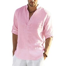 Men's Cotton Linen Henley Long Sleeve Shirt Casual Beach T-shirt Tee Summer Gift