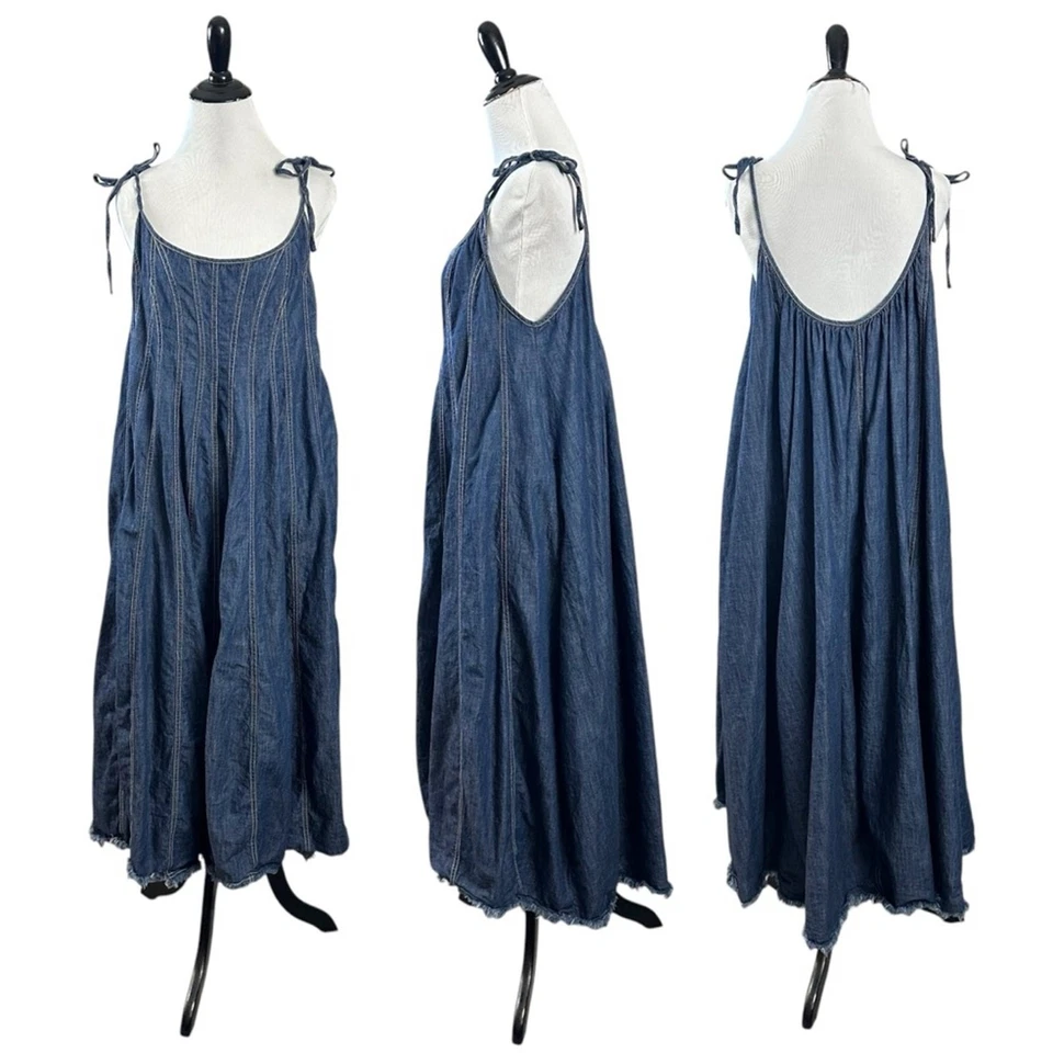 Maxi Vestido Free People Denim Dreams Midi Años 70 Azul Talla Mediana Jean Jumper Foto 3 de 4