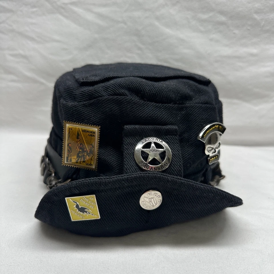 De colección Denim Road Rag Robo Gorra Sombrero Gorra Correa Trasera Negro Motociclista Motocicleta Prendedores Foto 2 de 4