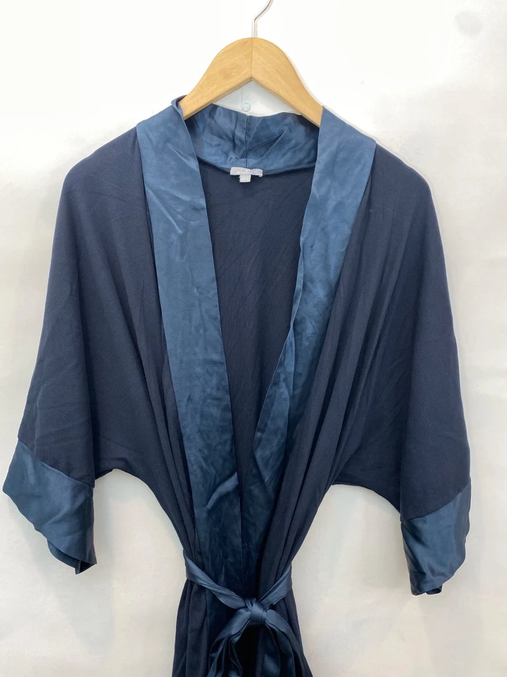 PJ Harlow Shala ребро вязаный халат карманы атласная отделка темно-синий женский размер XS/S - Изображение 3 из 4