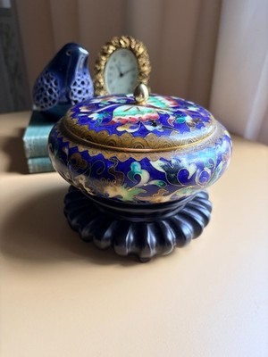 Vintage Kuo's China Cloisonné Lidded Bowl w/ Wood Stand 6.5'' Blue Enamel Brass
