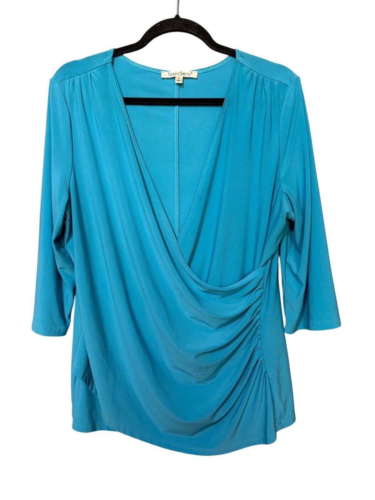 TravelSmith Turquoise Ruched Faux Wrap Stretch Top 3/4 Sleeve Large