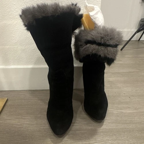 Baldinini Women's Black natural Suede Fur Trim Mid-Calf Stiletto Pull-On EU 38 image 3