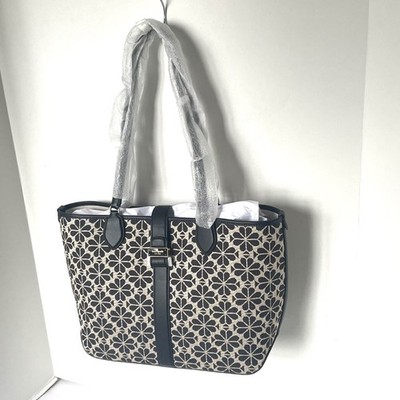 Kate Spade フラワーパターン ビジネスバッグ Kate Spade Black Flower Jacquard Tote Medium Leather Trim Snap