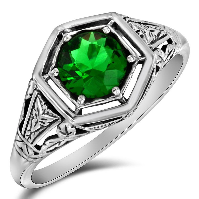 1CT Heat Treated Green Tourmaline 925 Sterling Silver Art Nouveau Ring Sz 6