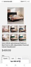 Upholstered Vertical Channel Tufted Velvet Platform Bedwith Adjustable Headboard