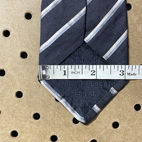 Versace Silk Neck Tie Mens Navy Blue Medusa Head Striped Slim Italy Made - Picture 5 of 5