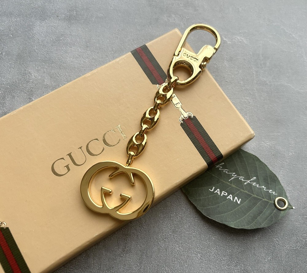 Vintage GUCCI GG Interlocking Gold Keychain Ring Holder Charm Fast Shipping