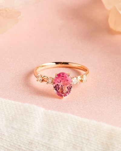 Tormalina Anello 14K Massiccio Oro Vintage Pietra Rosa - Foto 7 di 7