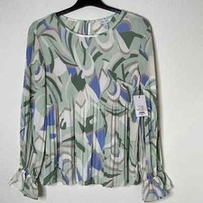 Nine West NWT Long Sleeve Pleated Blouse Womens Size Medium Green Boho Peasant