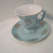 Vtg Mini Demitasse Footed Cup & Saucer Set Green Gold Floral Accents 2.5" 