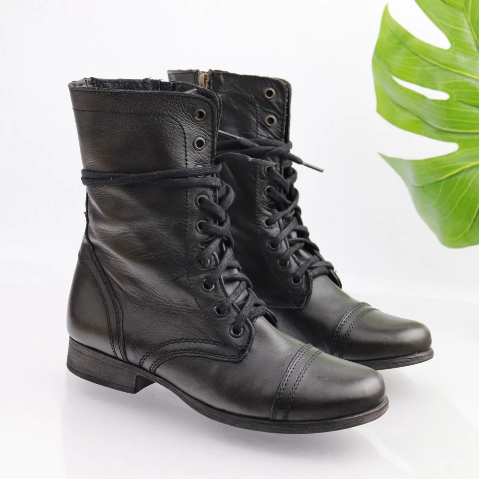 Bota Troopa Steve Madden Para Mujer Talla 9 Combate Cuero Oliva Oscuro Boho Con Cordones Foto 2 de 4
