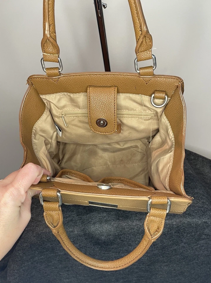 Nine West 2 Tone Convertible Satchel Handbag Crossbody Strap Brown Tan Cream - Image 4 of 4